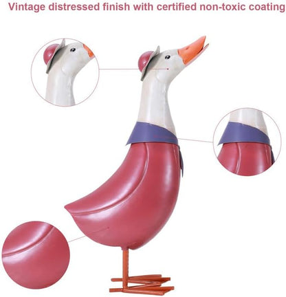 14" Retro Metal Porch Goose Statue for Yard and Garden,Heavy Duty Iron Pink Garden Statues for Outside Duck Decor,Cartoon Yard Statues Outdoor Goose Decor as Duck Gifts Easy to Assemble