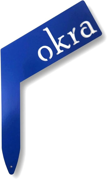 Planter Size Small Metal Garden Plant Vegetable Flower or Herb Markers 13.5 Inches Tall (okra, Blue)