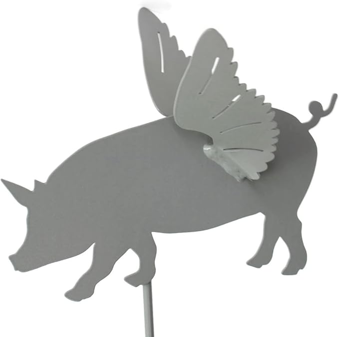 Pets and Farm Animals Metal Garden Landscape Stake (9" Wide Flying Pig on Stake, Gray)