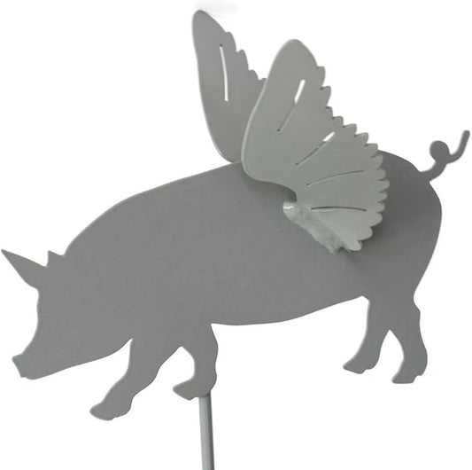 Pets and Farm Animals Metal Garden Landscape Stake (9" Wide Flying Pig on Stake, Gray)