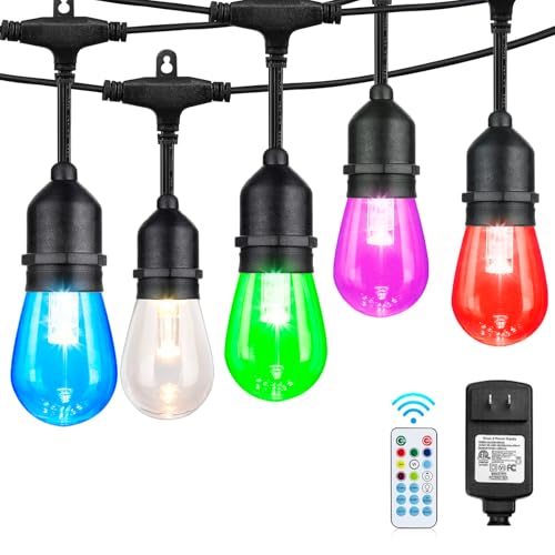 RGB Outdoor String Lights 48FT - Dimmable with Remote & Shatterproof Bulbs