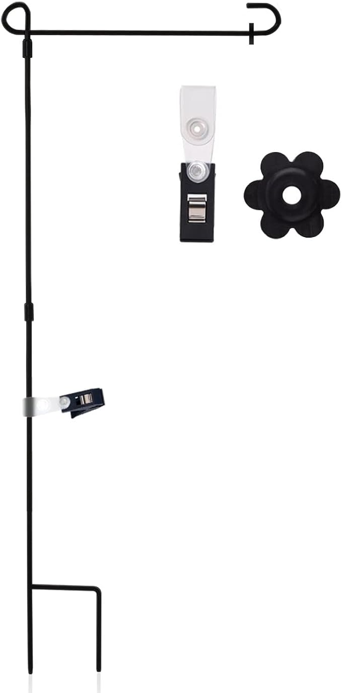 ANLEY Garden Flag Stand - Upgraded Version Reinforced Wrought Iron Garden Flag Pole Holder - Weather Resistant & Easy Assemble & Black Matte Coating - FREE Flag Stopper & Alligator Clip - H37" x W14"