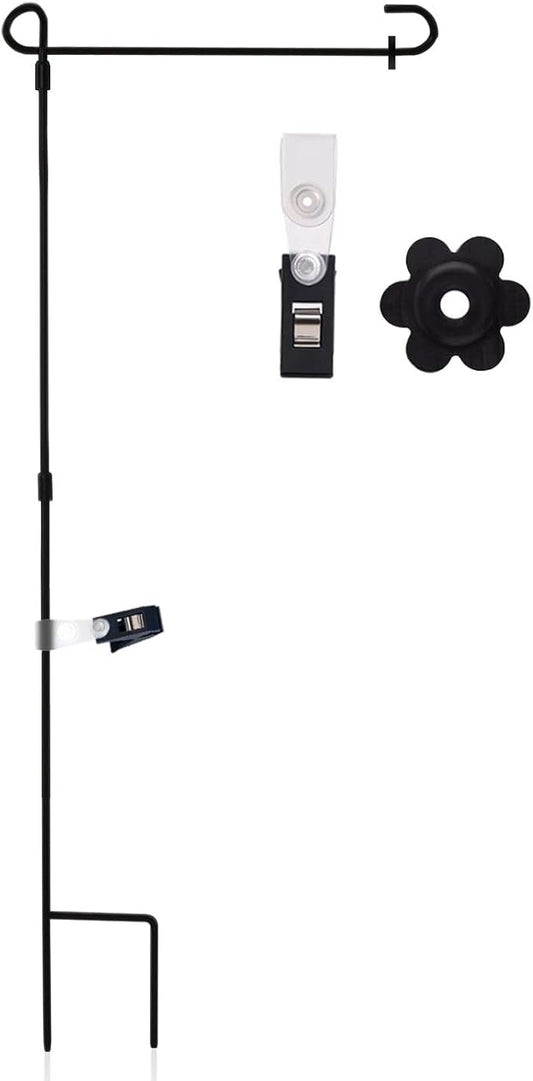 ANLEY Garden Flag Stand - Upgraded Version Reinforced Wrought Iron Garden Flag Pole Holder - Weather Resistant & Easy Assemble & Black Matte Coating - FREE Flag Stopper & Alligator Clip - H37" x W14"