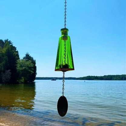 Blue Ridge Mountain Gifts Pyramid Bottle Wind Chime for Garden & Porch Decor w/Cooper Accent, Stained Wooden Ball, & Colorful Glass Bottles - Ideal for Wind Chime Lovers (Lime Green)