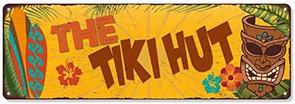 The Tiki Hut Sign Hut Decor Signs Bars Grill Decorations Hawaiian Accessories Patio Beach Surfboard Wall Art Plaque Vintage Tin Gift 8 x 24 Matte Finish Metal 108240091028