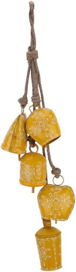 Hand-Painted 25” Wind Chime with 5 Christmas Decorative Jingle Bell – Hanging Ornament – Boho Outdoor & Indoor Decor – Rustic Cow Bells for Garden, Porch, Patio, Entryway, Farmhouse & Gift (Yellow)