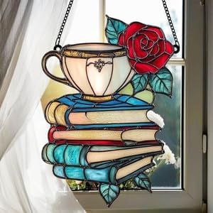 Rose Book Suncatcher Acrylic Window Hanging Decor for and Book Lovers Room Bookish Cat Ornament Suncatchers Indoor Window Suncatchers Windows Garden Outdoor