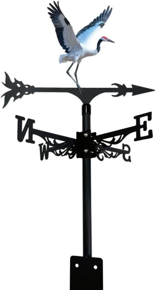 Colorful Rooster Weather Vane Spinner Wind Direction Farm Scene Stake Metal Outdoor Peacock Weathervane Ornament for Garden Yard Decoration (Red-Crowned Crane B)