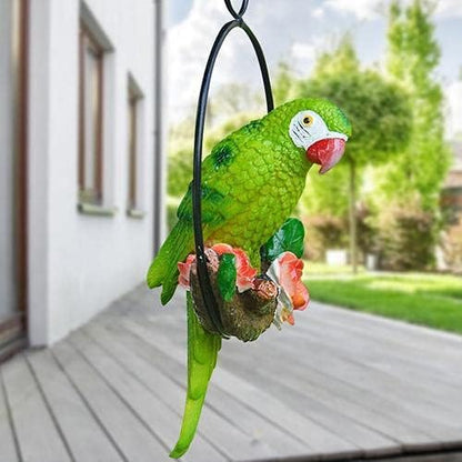 Garden Hanging Parrot Statue Perching On Branch in Metal Round Ring Animal Model Figurine Sculpture Nature Lovers Tropical Bird DIY Lawn Patio Home Sculpture Tree Decor (Green), Natural