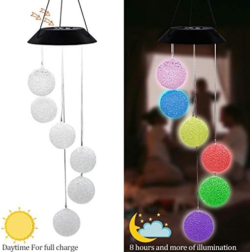MorTime LED Solar Crystal Ball Wind Chime, 25" Mobile Hanging Wind Chime for Home Garden Decoration, Automatic Light Changing Color