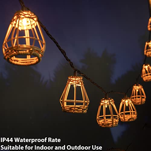 Rattan Lantern String Lights - 10 Bulbs, Weatherproof, Connectable