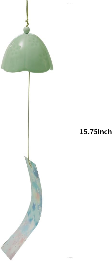 Ceramic Cherry Blossom Small Japanese Wind Chimes Outdoor, Handmade Pendants Wind Bells/Ceramic Wind Chimes for Outside with Soothing Melodic Tones for Garden Patio Balcony Home Décor (Green)