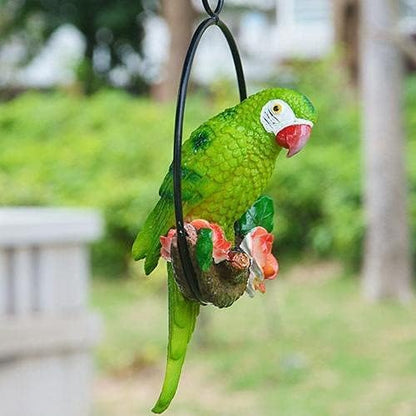 Garden Hanging Parrot Statue Perching On Branch in Metal Round Ring Animal Model Figurine Sculpture Nature Lovers Tropical Bird DIY Lawn Patio Home Sculpture Tree Decor (Green), Natural