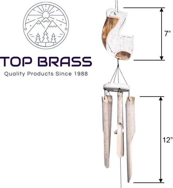 Coastal Pelican Windchime – Whitewashed Bamboo & Distressed White Wood Hanging Outdoor Garden Décor – Relaxing Calming Deep Tones