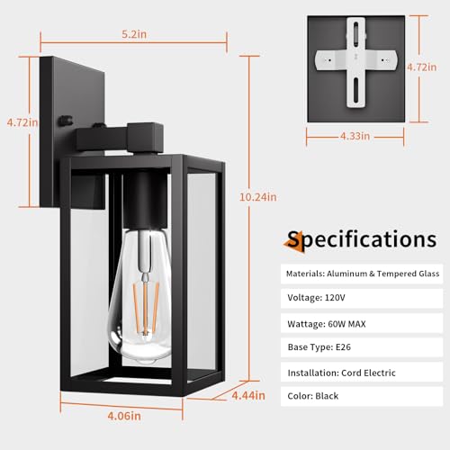Modern Black Wall Sconce - Waterproof Outdoor Light E26 Socket (2 Pack)