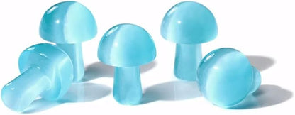 15PCS Light Blue Cat Eye Natural Stones Mushroom Sculpture Decor Crystal for Home Crafts Flower Pot Gemstone Mini Mushroom Hand Making Yard Decoration