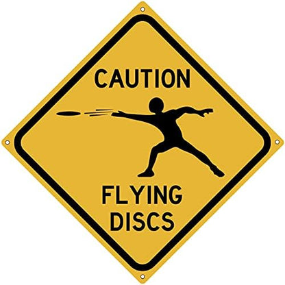 Metal Tin Sign Caution Flying Discs Road Disc Golf Sign for Home Office Bar Indoor Outdoor Wall Decor Yard Sign Square Sign 12" x 12" (2 Pack)