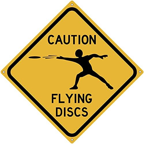 Metal Tin Sign Caution Flying Discs Road Disc Golf Sign for Home Office Bar Indoor Outdoor Wall Decor Yard Sign Square Sign 12" x 12" (2 Pack)