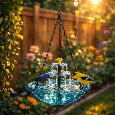 Solar Powered Hanging Bird Bath Fountain, Glass Bowl Solar Water Fountain for Outdoor Garden (Blue)