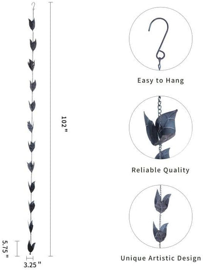 Topadorn Rain Chain Decoration 8.5 FT., Rain Catcher Chain Gutter Downspout 102'' for House Eaves, Garden & Home, Leaf Shape Rain Chains