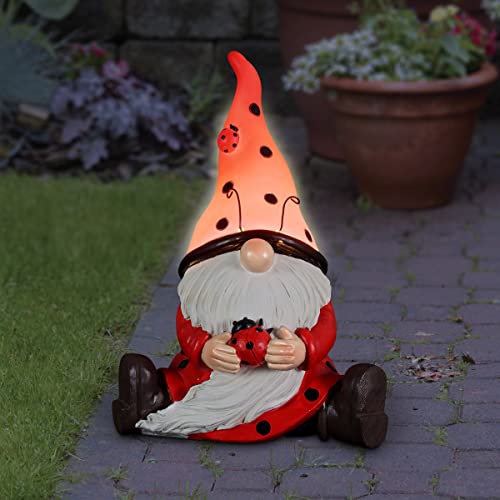 Garden Gnome with Ladybug - Solar LED Statue, 5.5x7x9.5"