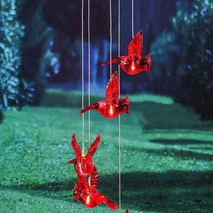 Solar Cardinal Red Bird Wind Chime, Solar-Powered Mobile Hanging Patio Lights with 6 Vivid Hummingbirds，Multi-Color Changing LED Garden Decoration for Home Party Night Garden Decoration