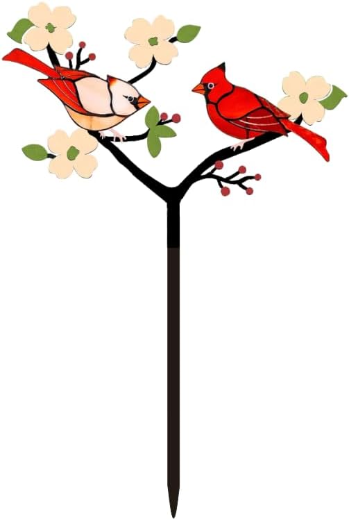 Cardinal Decor Red Bird Figurine Metal Garden Stake Cardinal Bird Decorative Red Cardinal on Branch Outdoor Decor for Balcony, Yard, Lawn Gift for Mom, Bird Lover