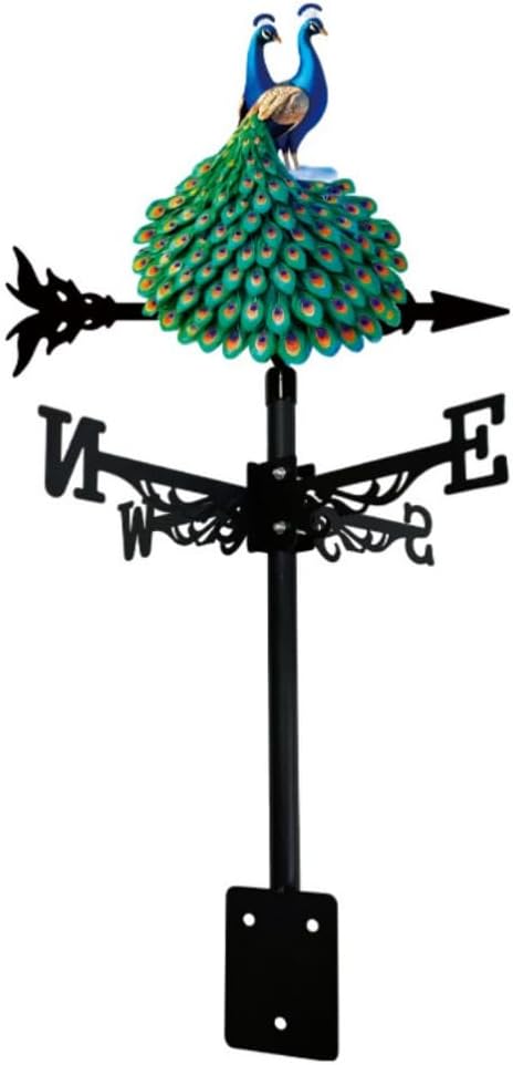 Colorful Red-Crowned Crane Weather Vane Metal Peacock Rooftop Weathervane Iron Wind Direction Indicator Garden Statue Yard Decor Lawn Ornament (Peacock Green A)