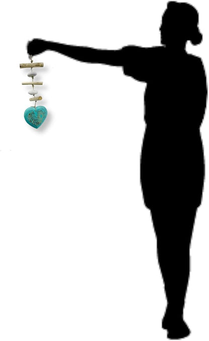 Heart Driftwood Hanging Coastal Decor - Beach Wood Stone Garland Indoor Outdoor Patio Garden Gift 15" Teal