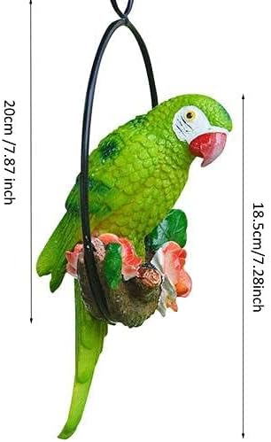 Garden Hanging Parrot Statue Perching On Branch in Metal Round Ring Animal Model Figurine Sculpture Nature Lovers Tropical Bird DIY Lawn Patio Home Sculpture Tree Decor (Green), Natural