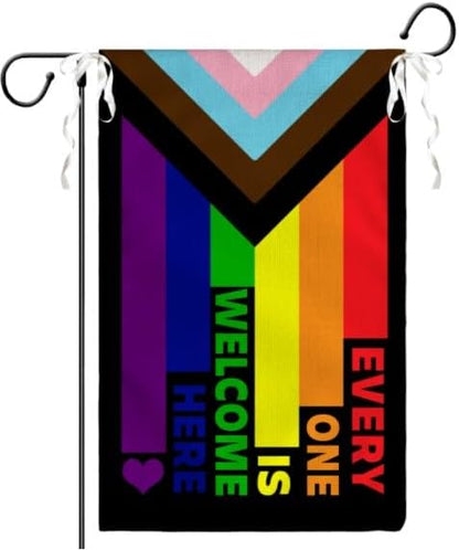 Progress Pride Rainbow Garden Flag Every One Is Welcome Here Yard Flag LGBTQ Gay Lesbian Bisexual Non Binary Transgender House Flag All Inlcusive Vivid Color Garden Flags 12x18 Inch