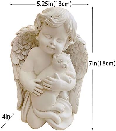 7" Resin Angel with Cat Statue, Pet Cat Memorial Sculpture, Indoor/Outdoor, White