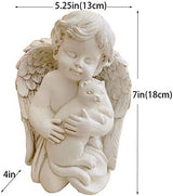 7" Resin Angel with Cat Statue, Pet Cat Memorial Sculpture, Indoor/Outdoor, White