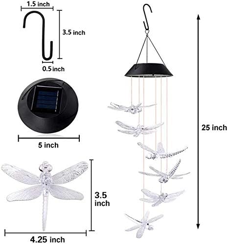 Tvoip Color Changing LED Solar Power Lamp Dragonfly Wind Chimes Garden Decoration Yard Waterproof LED Light Lighting Hanging Decor (Dragonfly)