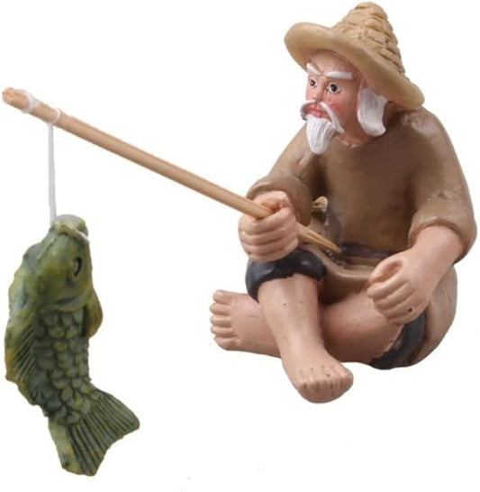 Miniature Fisherman Figurines,Fishing Old Man Ornament Chinese Mudman Sitting Garden Statue Ornament, Outdoor Statues, Garden Sculptures and Statues, Outdoor Décor