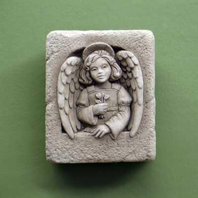 Carruth Studio, Angel Mini Wall Plaque Garden Statue Figurine, Original Sculpture Handcrafted in Stone, Artisan Made