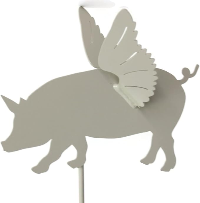 Pets and Farm Animals Metal Garden Landscape Stake (9" Wide Flying Pig on Stake, Cream)