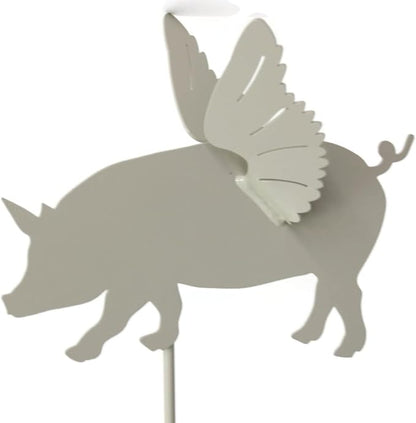 Pets and Farm Animals Metal Garden Landscape Stake (9" Wide Flying Pig on Stake, Cream)