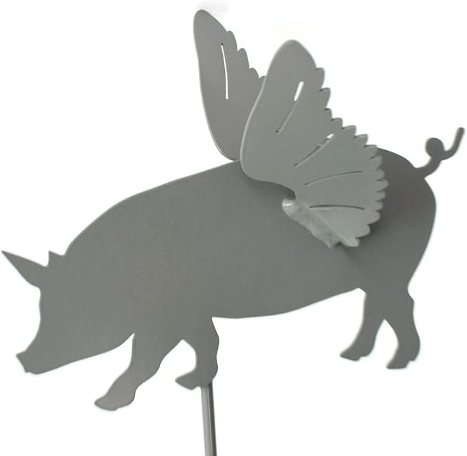 Pets and Farm Animals Metal Garden Landscape Stake (9" Wide Flying Pig on Stake, Gray)