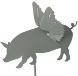 Pets and Farm Animals Metal Garden Landscape Stake (9" Wide Flying Pig on Stake, Gray)
