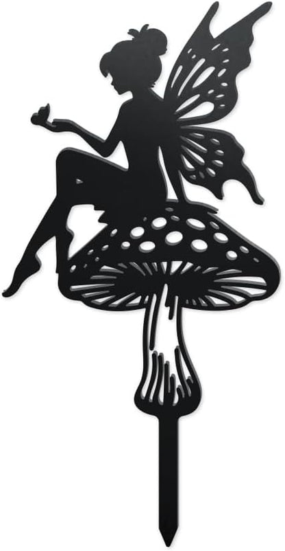 WADORN Flower Fairy Metal Garden Yard Decor, Fairy Theme Outdoor Silhouette Stake Ornaments Mushroom Fairy Sculpture Statues Garden Arts Decor for Backyard Lawn Patio Outdoor Spring Decor