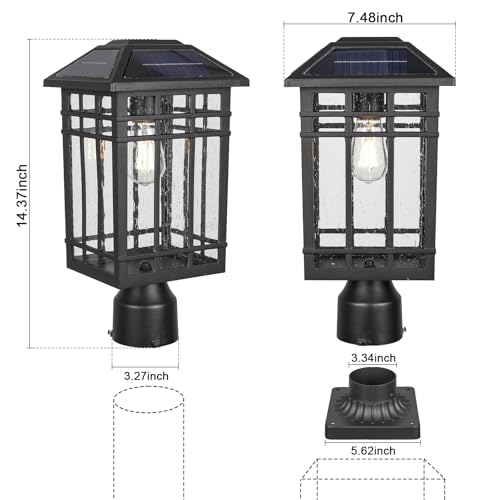 Solar Post Lights - Black Waterproof LED with Seeded Glass (Bulb Included)