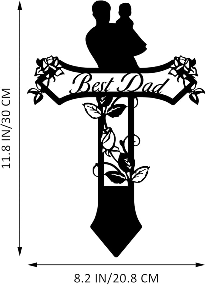 Rustic Metal Cross Memorial Stake, Mom Dad Grave Site Decorations Artificial Flowers for Cemetery, Ideal for Yard, Garden, Lawn & Tombstone, Cemetery Decorations for Grave (Dad)