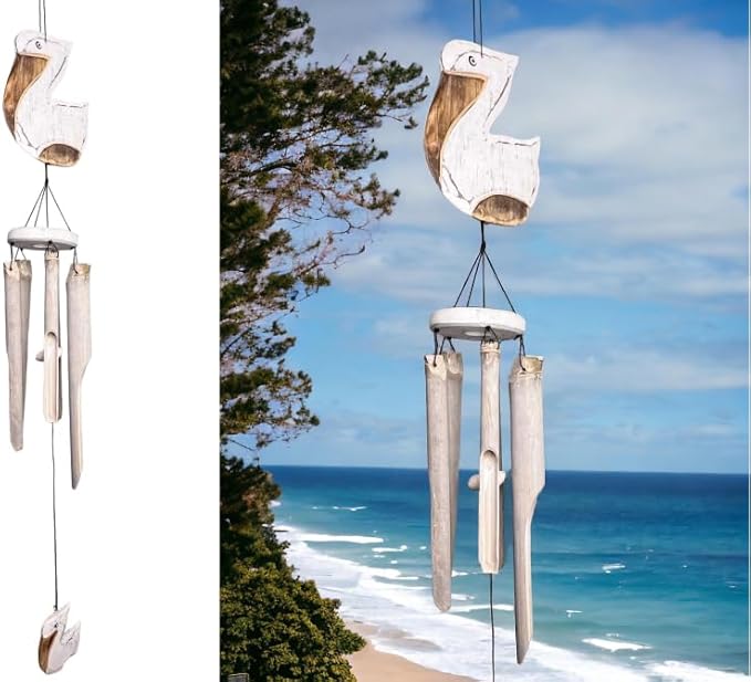 Coastal Pelican Windchime – Whitewashed Bamboo & Distressed White Wood Hanging Outdoor Garden Décor – Relaxing Calming Deep Tones