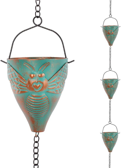 10 FT Rain Chain for Outside, Rain Chain with 10 Bee Pattern Cups Adjustable Rain Catcher Chain for Gutters, Eaves, Drainage, Replacement for Downpout