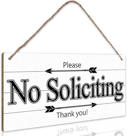 Please No Soliciting Thank You Funny Rustic Wooden Front Door Sign Vintage Outdoor Wall Art Hanging Plaque for Porch Yard Store Home Farmhouse Decor 10''x 5''