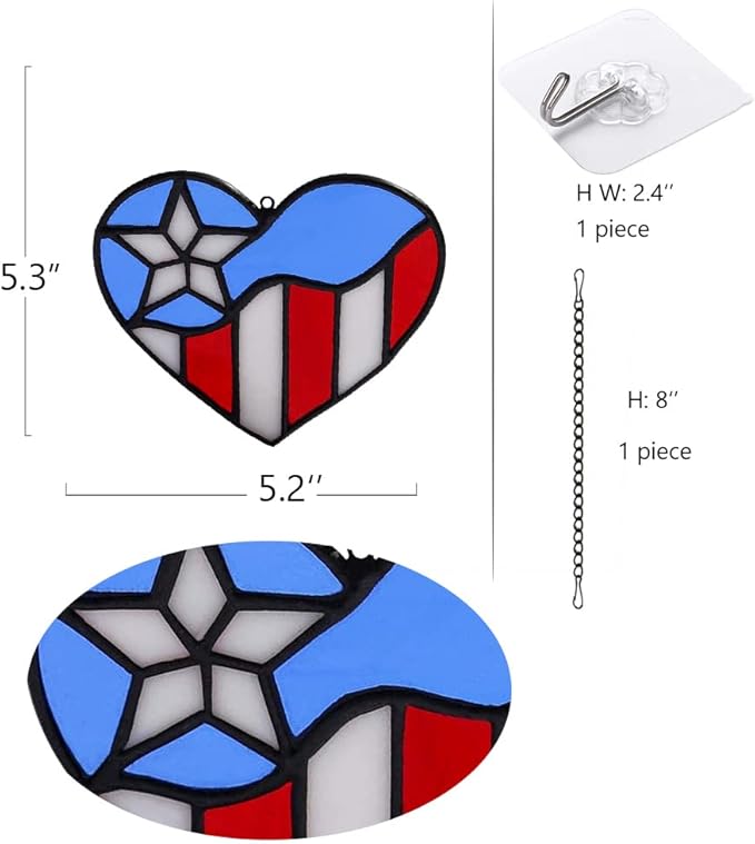 American Flag Heart Ornament, Tiffany Style Stained Glass Window Hanging, Patriotic Decor, Birthday Gift for Veteran, Men Father Grandpa Grandma