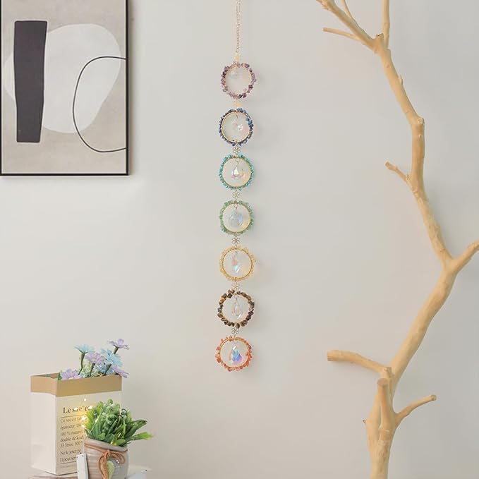 Chakra Hanging Crystals Natural Gemstone Decor Window Sun Catcher 7 Chakra Spheres Gemstone Wall Hangings Healing Crystal Decor Handmade Decoration Gift for Mom