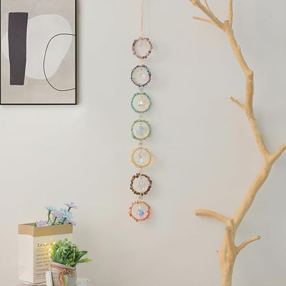 Chakra Hanging Crystals Natural Gemstone Decor Window Sun Catcher 7 Chakra Spheres Gemstone Wall Hangings Healing Crystal Decor Handmade Decoration Gift for Mom