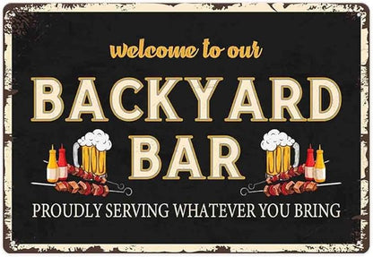 SCAZOMV Welcome To Our Backyard Bar & Grill Metal Sign Outdoor Pool Backyard Bar Signs 12"X8" Tin Sign